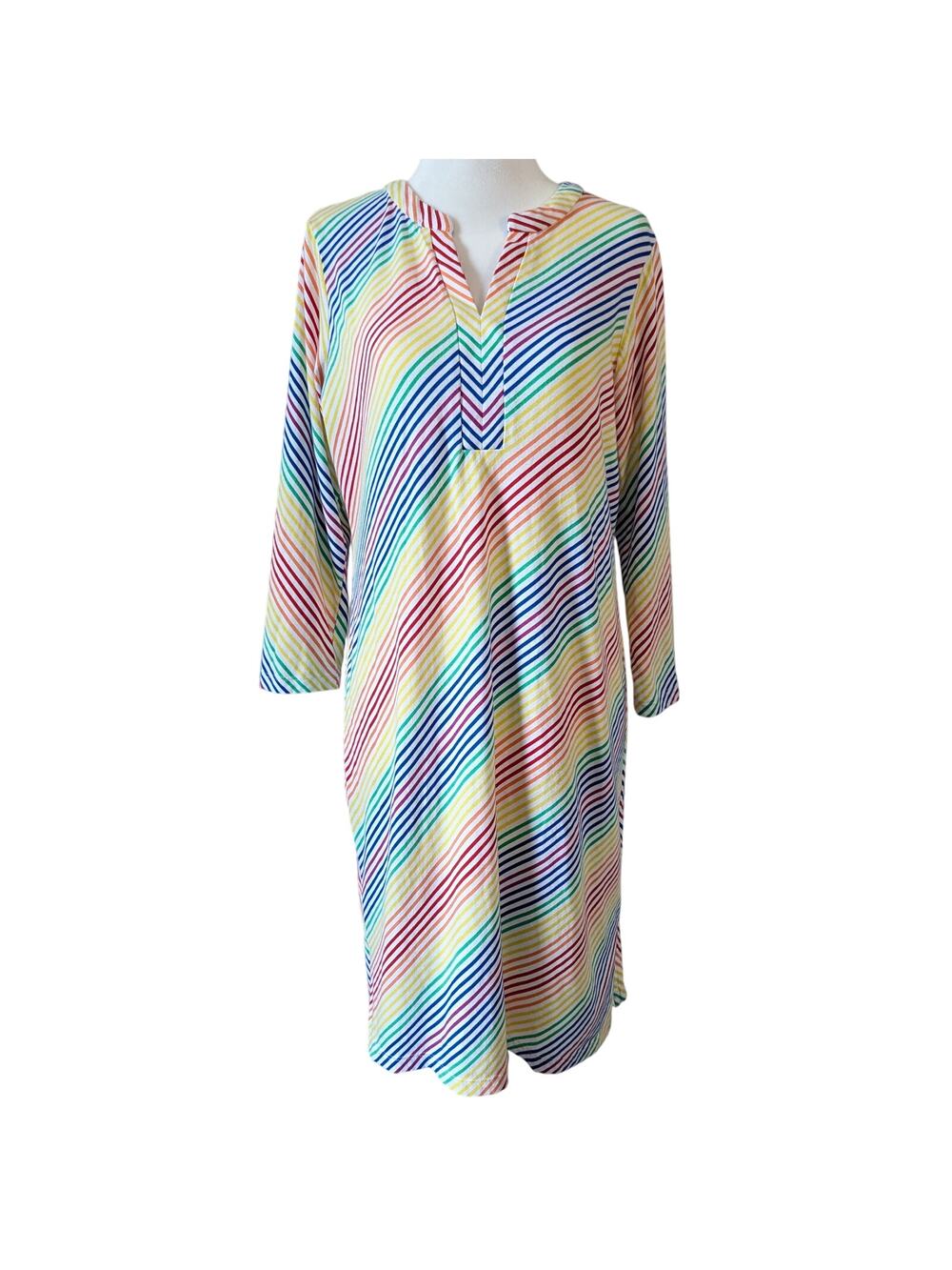 Lands' End Diagonal Rainbow Stripe 3/4 Sleeve V-Neck T-Shirt Dress Size XS